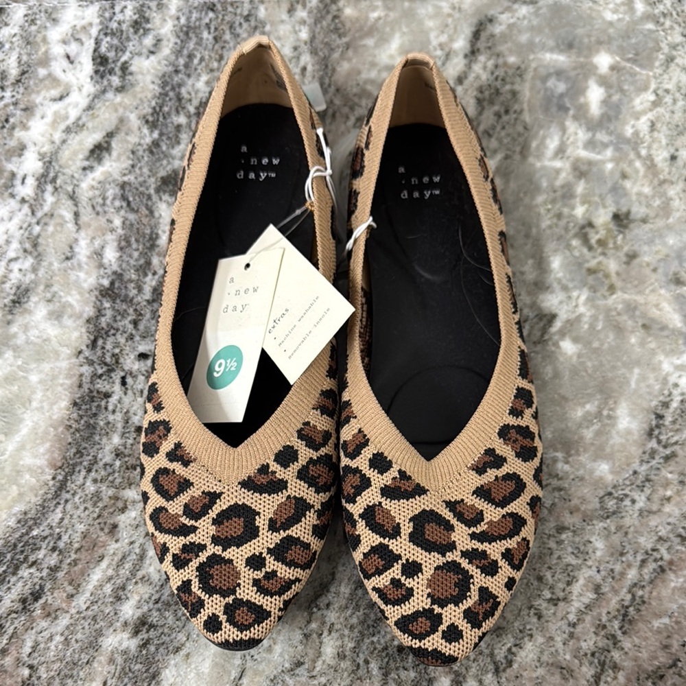 A New Day Tan and Black Flats with Animal Print